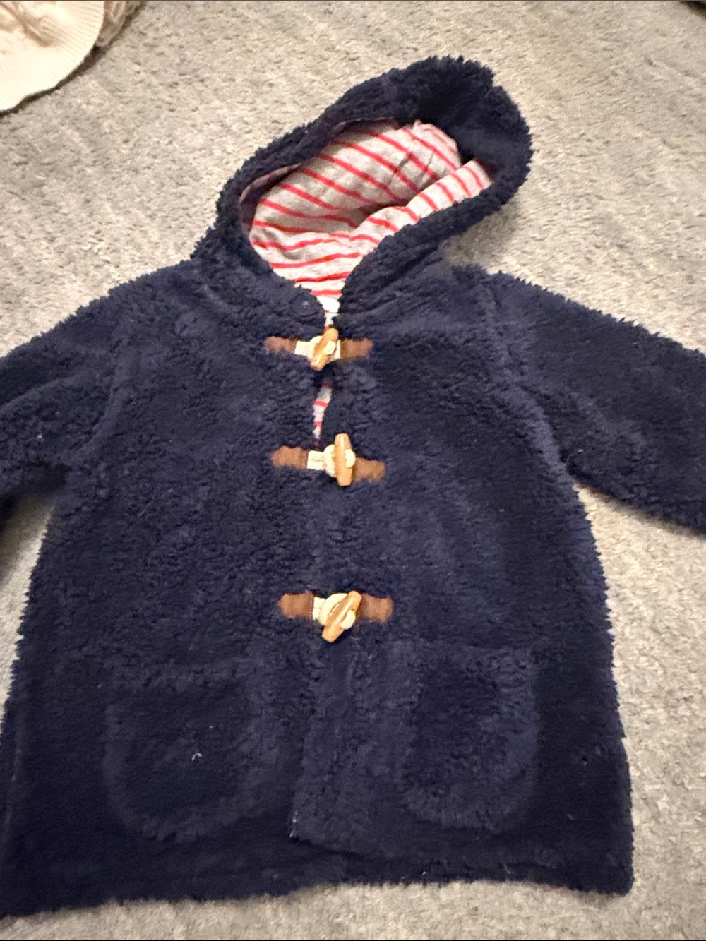 Mini Boden Navy Plush Hooded Coat with Striped Lining